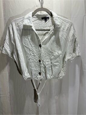 Moa Moa Women’s S White button down drawstring cropped blouse shirt